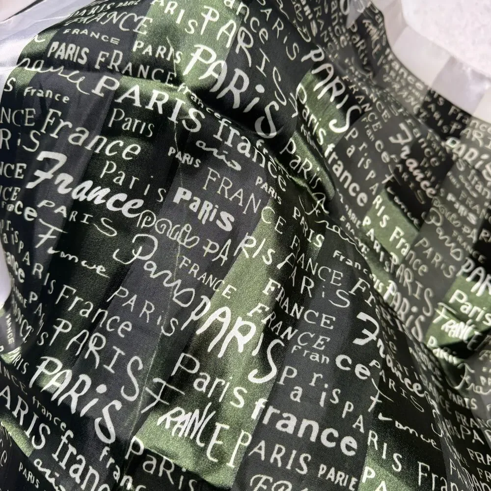 Paris France Black Green Ivory Silky Neck Scarf Neckerchief Striped Satin